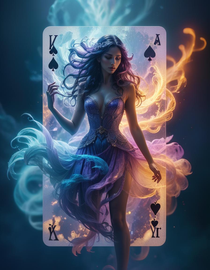  (masterpiece, 8k, uhd, photorealistic:1.3), playing card, intricate design, (vibrant colors:1.2), double exposure effect, ethereal character dissolving into the card surface, (flowing hair:1.1), (mystical aura:1.2), layered image with a soft blur, dissolving visual effect highlights, whimsical patterns swirling around, (deep blues and purples:1.3), (glowing edges:1.2), surreal atmosphere, (fantasy elements:1.1), dynamic composition, looking down from above, blending reality with imagination, rich textures and layers, enchanting., civitai hyperrealistic, full body, detailed clothing, highly detailed, cinematic lighting, stunningly beautiful, intricate, sharp focus, f/1. 8, 85mm, (centered image composition), (professionally color graded), ((bright soft diffused light)), volumetric fog, trending on instagram, trending on tumblr, HDR 4K, 8K