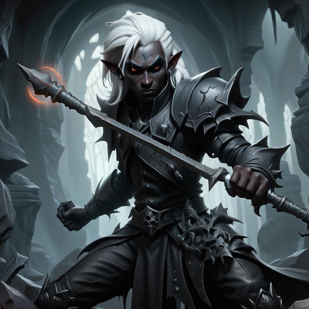  macabre style drow male elf cleric, simble plain black leather jacket, simple iron battle mace, dark cave temple . dark, gothic, grim, haunting, highly detailed, civitai