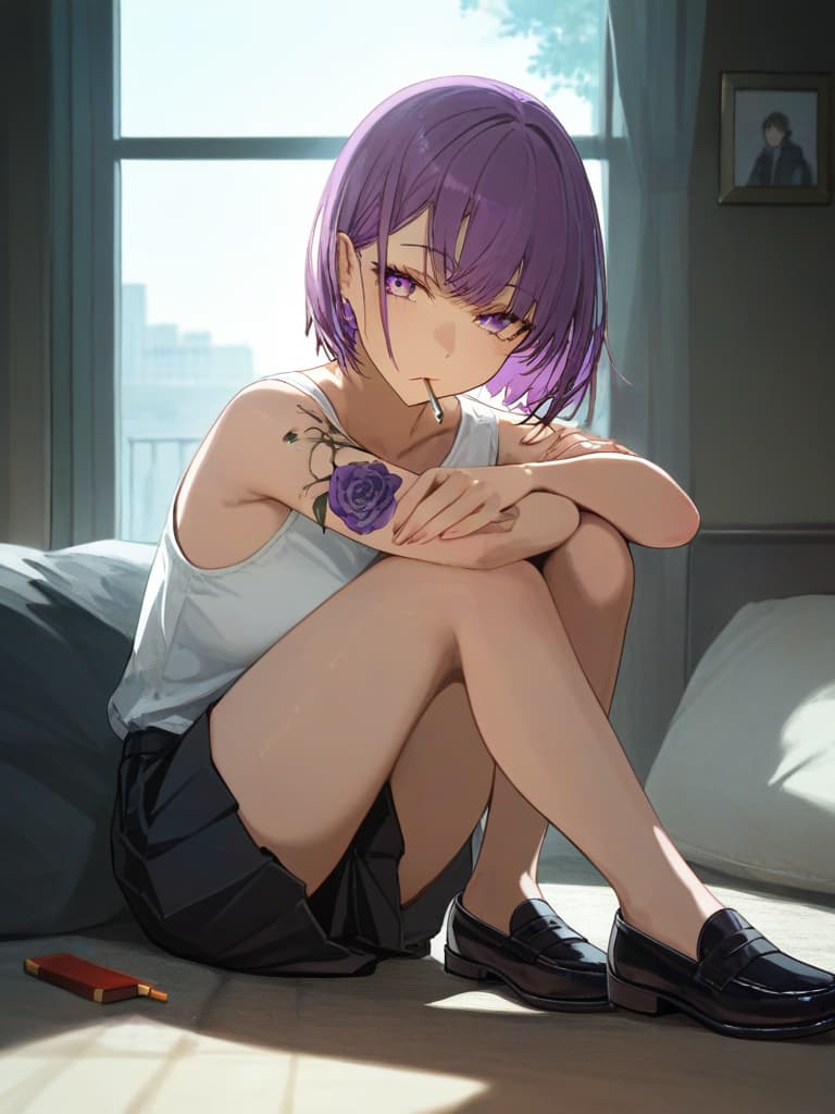  s wearing black loafers, s with blonde bob cut, white pleated s, white pleated s, s wearing spider nests on the left arm, s who smoke cigarettes, purple on the left . a with a rose tattoo, a cigarette, s a cigarette, masterpiece, best quality,8k,ultra detailed,high resolution,an extremely delicate and beautiful,hyper detail