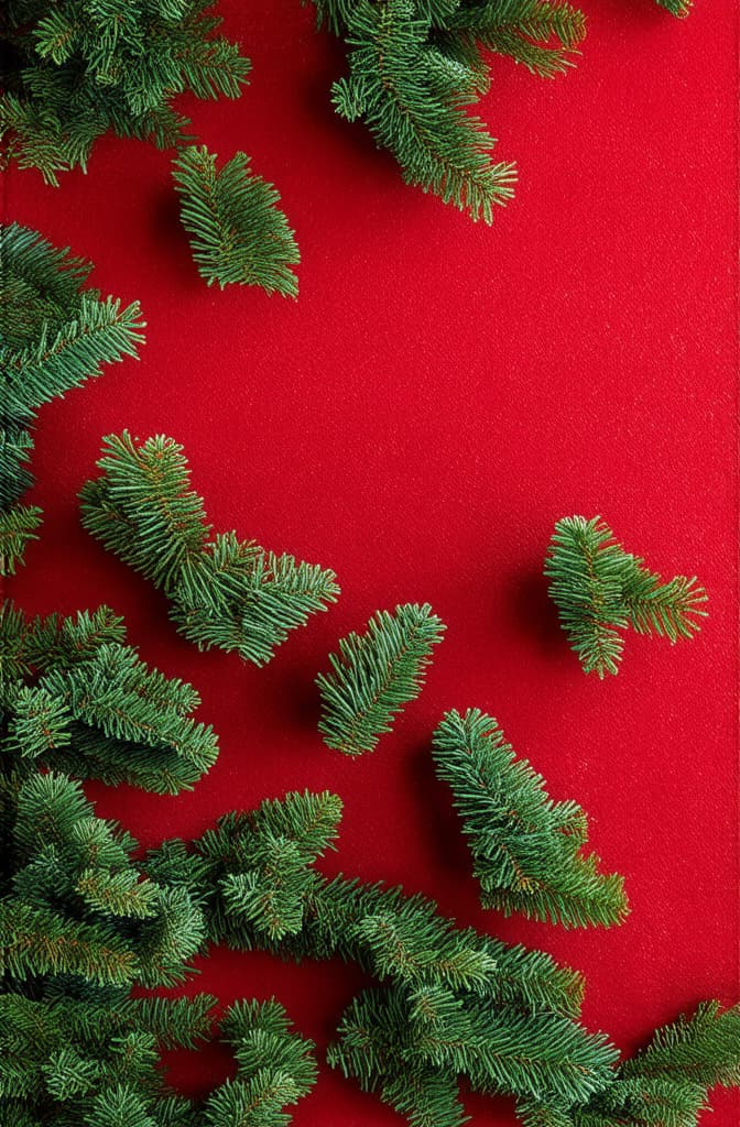  professional detailed photography, red background decorated with small green fir trees ar 2:3, (muted colors, dim colors, soothing tones), (vsco:0.3)