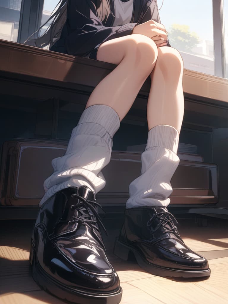  girls, loose socks, students, wolf ears, long hair, black shoes, school, masterpiece, best quality,8k,ultra detailed,high resolution,an extremely delicate and beautiful,hyper detail