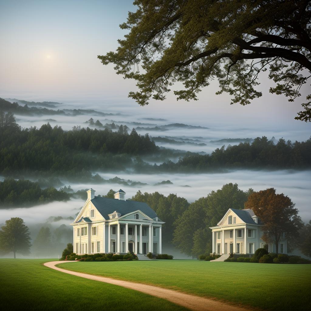  create an image of a the house on the fog, in the style of classical revival, pastoral charm, delicately rendered landscapes, flat vector design, write i am furious and even fast text on the top of the image.