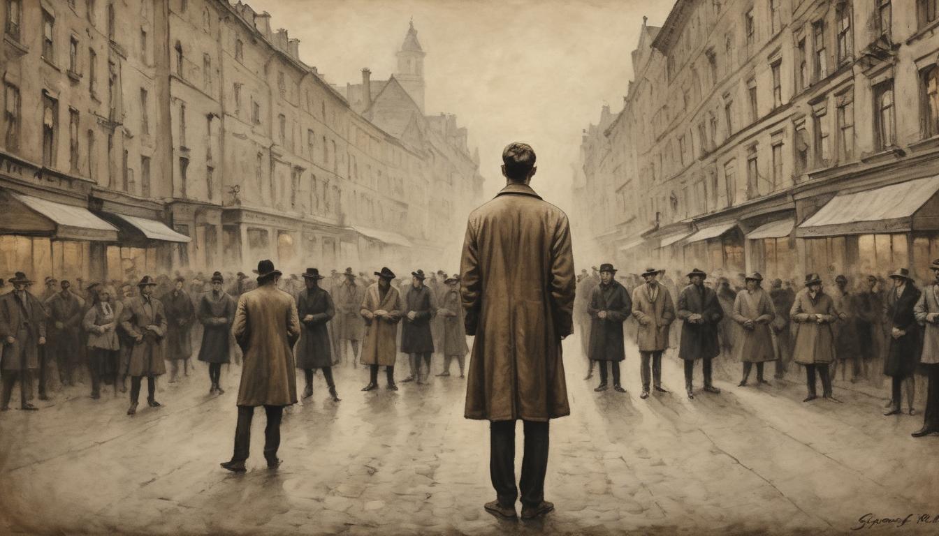  on parchment, surrealism++, a young person standing alone in a crowded urban street, everyone else blurred, person's features sharp and clear, expression of confusion, sense of being different, chaos and clarity juxtaposed(mysterious, provocative, symbolic)++