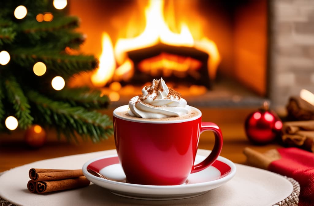  professional detailed photography, christmas coffee in a red mug with whipped cream and cinnamon, cinnamon sticks nearby, bokeh in the background, cozy atmosphere, fireplace burning in the background ar 3:2, (muted colors, dim colors, soothing tones), (vsco:0.3)