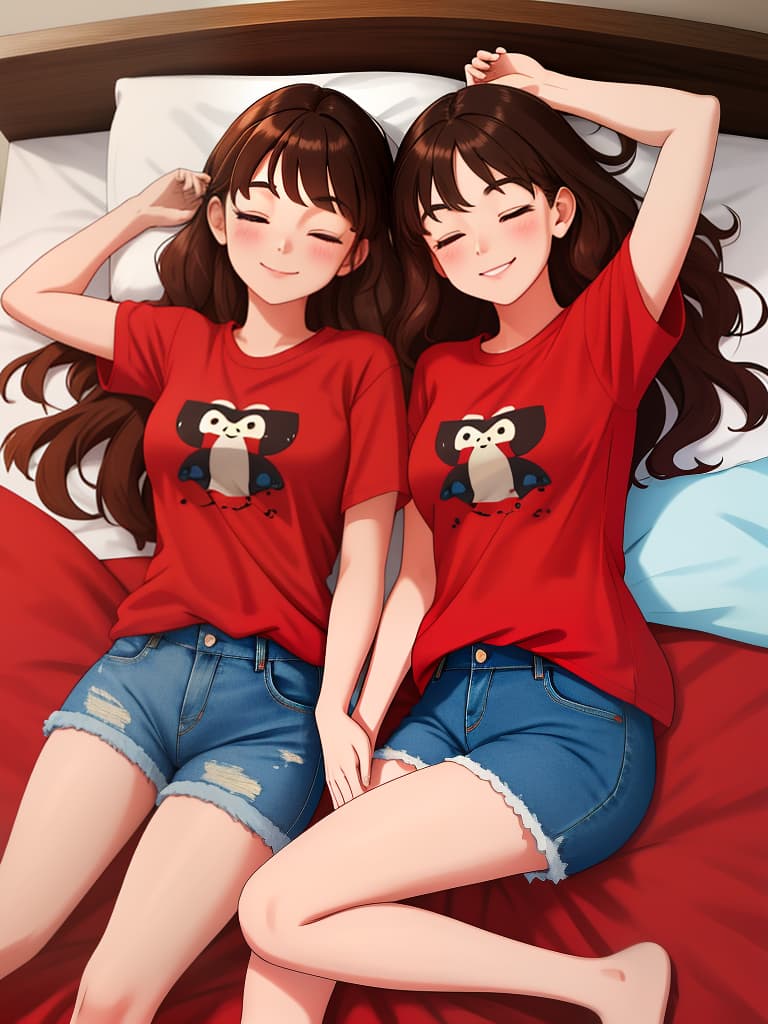  sleep on brown haired girls, smiles, red t shirts, denim shorts, beds, masterpiece, best quality,8k,ultra detailed,high resolution,an extremely delicate and beautiful,hyper detail