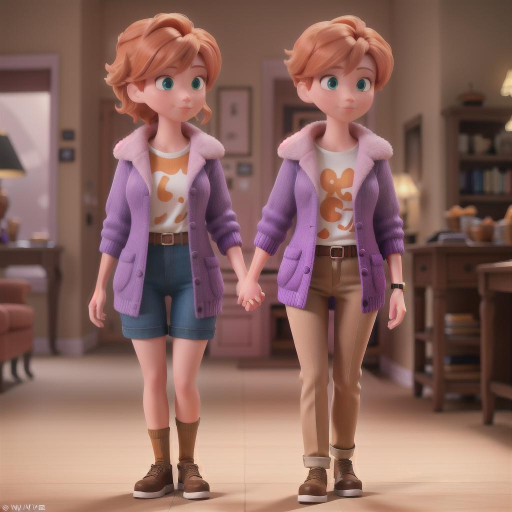  A orange haired girl holding hands with a shorter purple haired boy hyperrealistic, full body, detailed clothing, highly detailed, cinematic lighting, stunningly beautiful, intricate, sharp focus, f/1. 8, 85mm, (centered image composition), (professionally color graded), ((bright soft diffused light)), volumetric fog, trending on instagram, trending on tumblr, HDR 4K, 8K