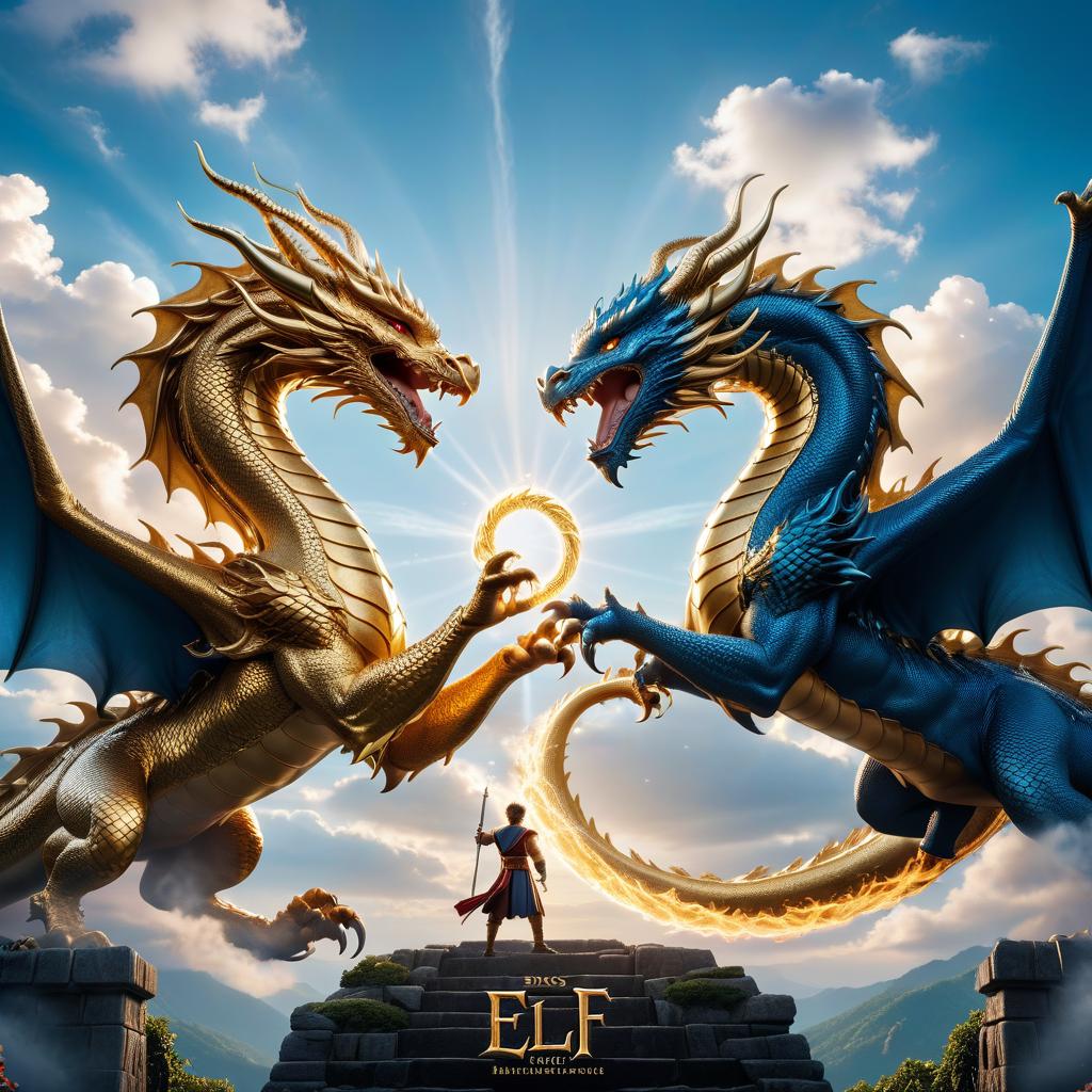  cinematic photo poster. images within frame boundaries. a golden dragon and a blue dragon fight in the sky. the poster says "elf manuscript." clear detail. . 35mm photograph, film, bokeh, professional, 4k, highly detailed, civitai, hkmagic