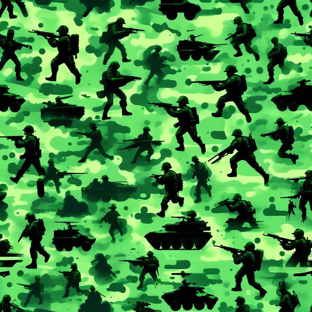  retro game art background green camouflage with black, splashes of black paint, soldiers, voluminous style . 16 bit, vibrant colors, pixelated, nostalgic, charming, fun