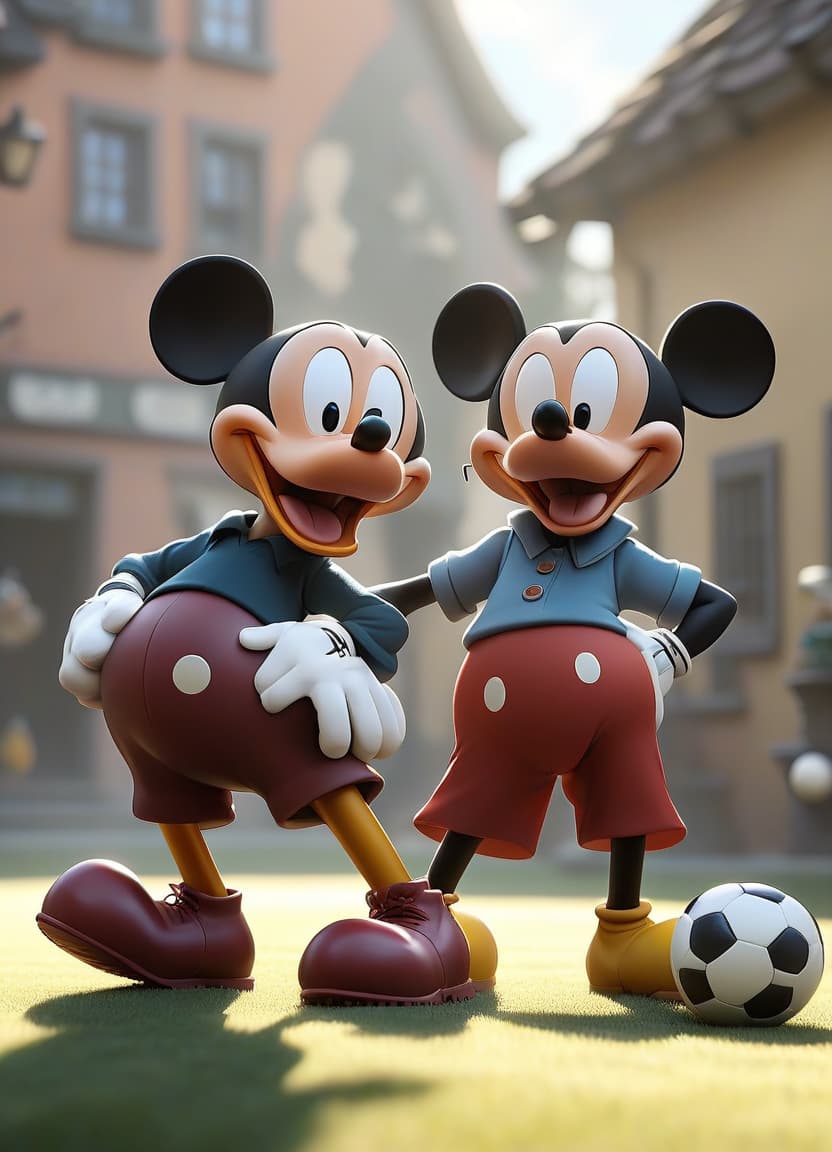  images of cartoon scrooge mcduck and mickey mouse playing with a football ball, white light at sunny noon,