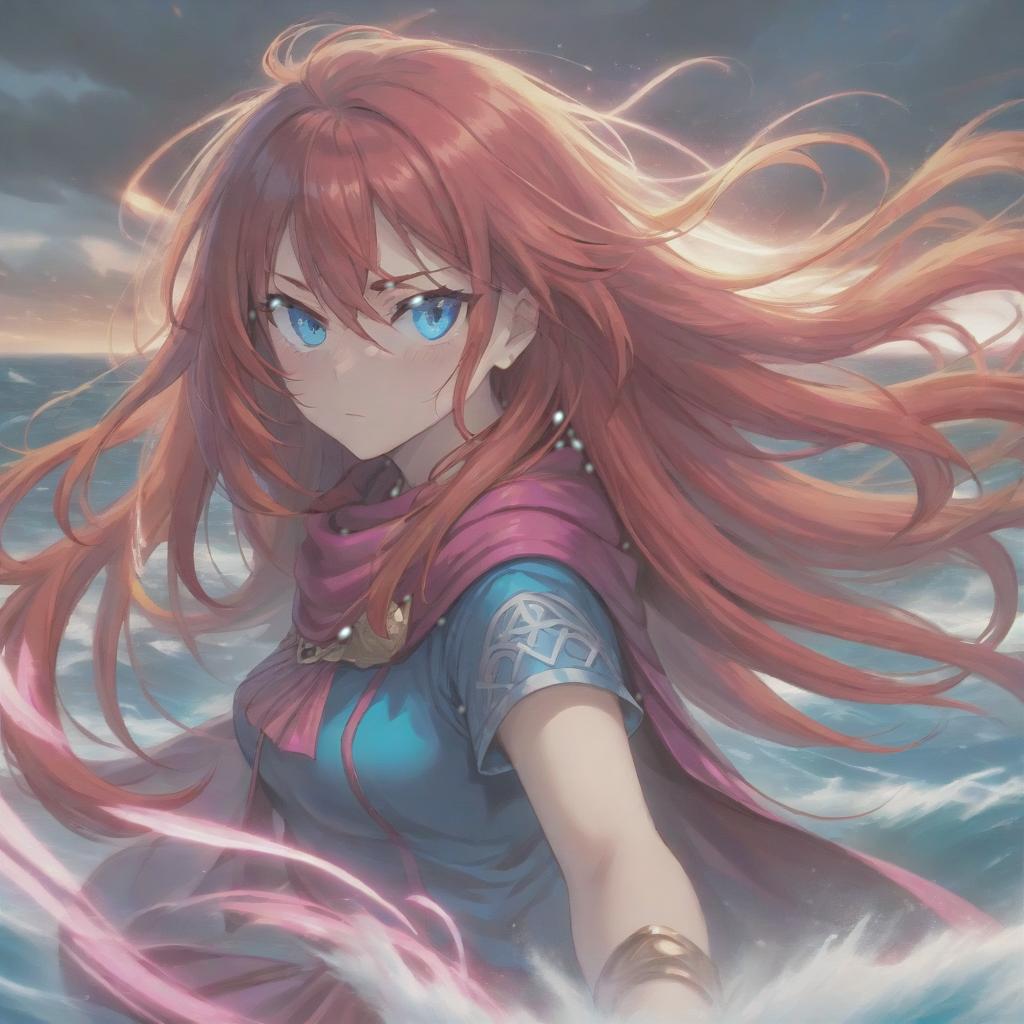  long exposure photo of portrait of strong rage woman valcyria. blue eye. long red hair. tilting head down, magenta mantle, by the sea . blurred motion, streaks of light, surreal, dreamy, ghosting effect, highly detailed, sticker, hkmagic