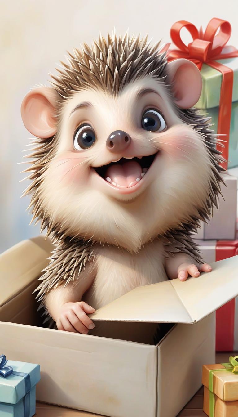  watercolor painting painted (watercolor) cute hedgehog opens a box with gifts and toys, smiling face, cartoon effect, middle plan, add boxes around . vibrant, beautiful, painterly, detailed, textural, artistic