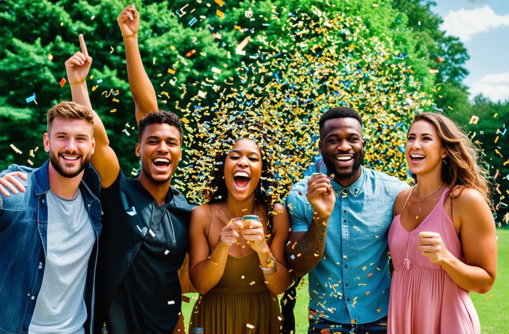  professional detailed photography, group of friends having fun at summer party throwing confetti in the air, young multiracial hipsters having fun on weekend outdoors ar 3:2, (muted colors, dim colors, soothing tones), (vsco:0.3)