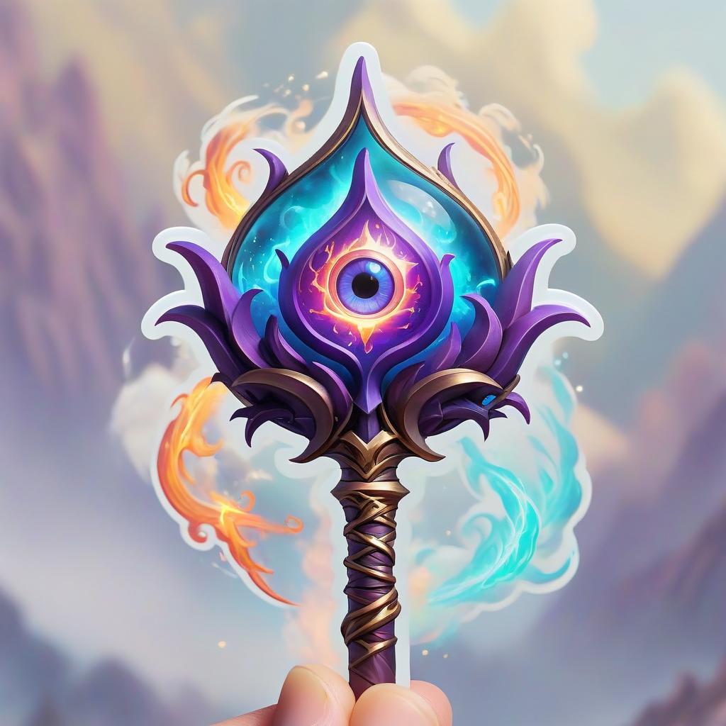  dreamscape sorcerer, battle staff, cursed rod, elemental magic, mystic hand, eyes, rpg class minimal badge . surreal, ethereal, dreamy, mysterious, fantasy, highly detailed, sticker