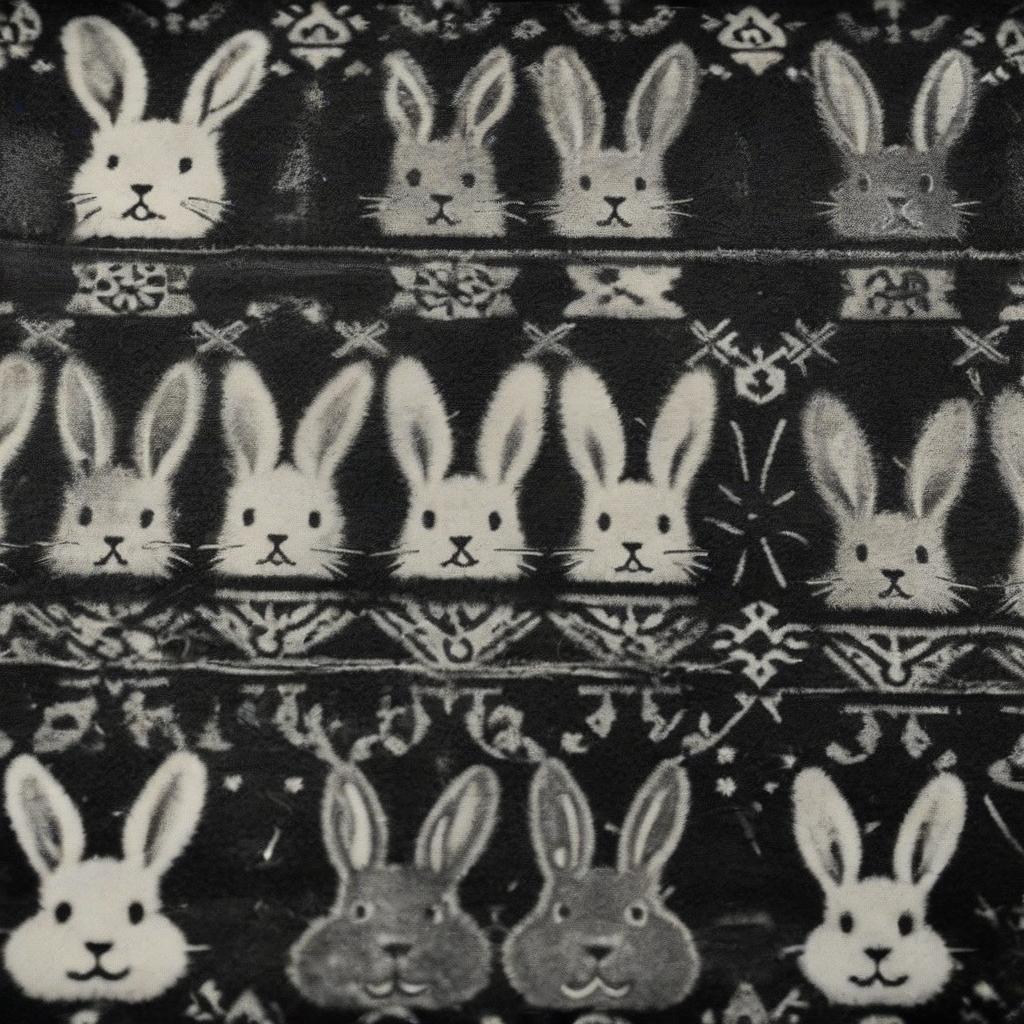  analog film photo patterned carpet cover rabbits tattto symmetry . faded film, desaturated, 35mm photo, grainy, vignette, vintage, kodachrome, lomography, stained, highly detailed, found footage