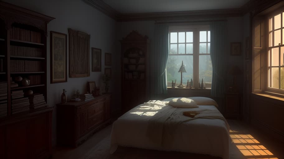  A fantasy bedroom with a ledge next to a large window, filled with paper, paintbrushes, and feathers for drawing. Near the ledge, a cabinet with books and bottles of magical potions. Outside the window, night and a bright moon. No table or chairs. hyperrealistic, full body, detailed clothing, highly detailed, cinematic lighting, stunningly beautiful, intricate, sharp focus, f/1. 8, 85mm, (centered image composition), (professionally color graded), ((bright soft diffused light)), volumetric fog, trending on instagram, trending on tumblr, HDR 4K, 8K