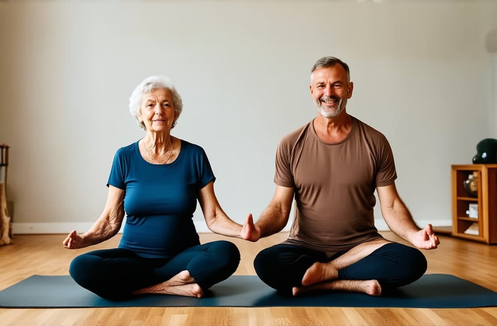  elderly funny woman and man in yoga lotus pose doing meditation, mindfulness practice, spiritual discipline at home or in gym. cute old lady and man sitting on mat and meditating. ar 3:2, (natural skin texture), highly detailed face, depth of field, hyperrealism, soft light, muted colors