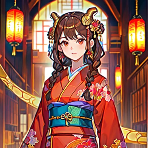  master piece , best quality,fragile girl, kimono, brown hair, red eyes, braids, dragon god