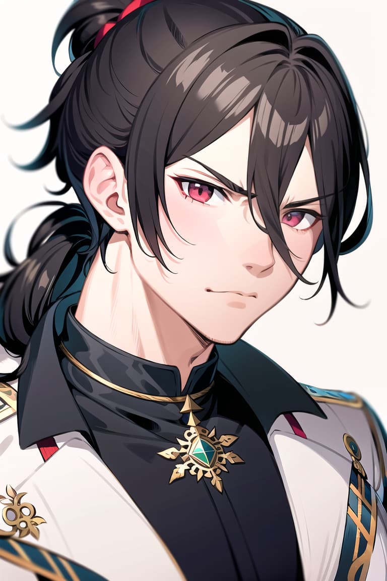  master piece , best quality,image/the character "felix" from the game fire emblem three houses.he is man. his hairstyle is a short black ponytail. he has red, slanted eyes. he has a furrowed brow, which makes him look a bit intimidating. he has his hair tied up high. he has wrinkles under his eyes.