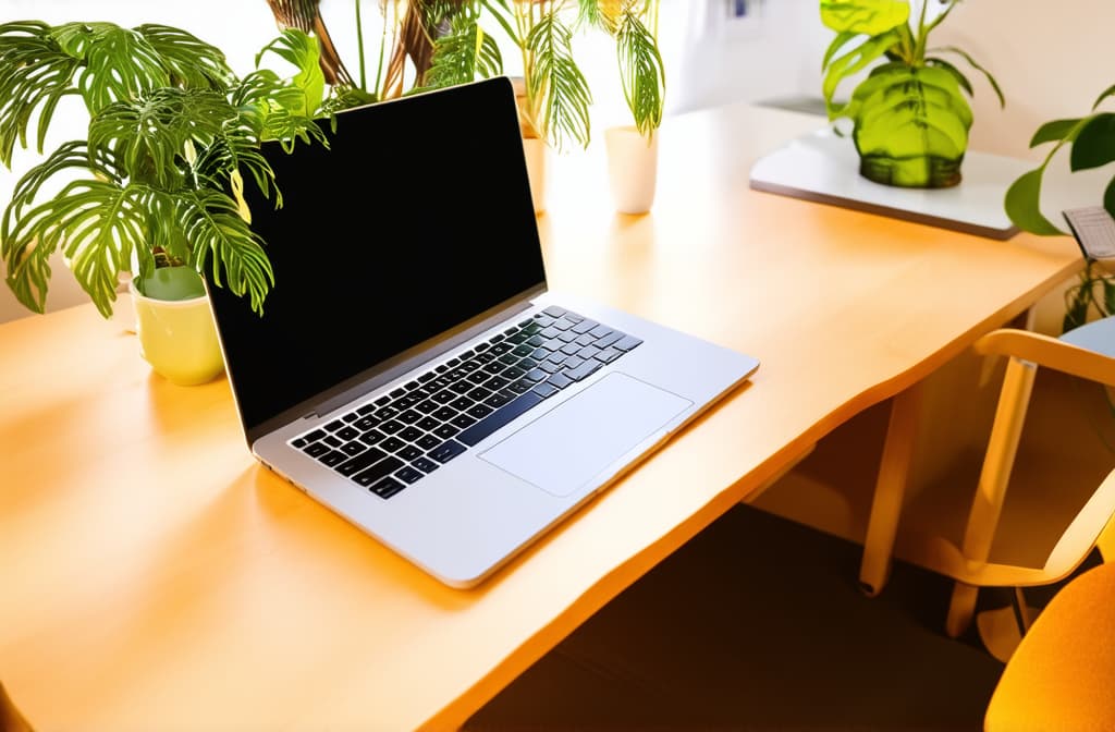  minimalistic home office, laptop on table with houseplants ar 3:2 {prompt}, maximum details