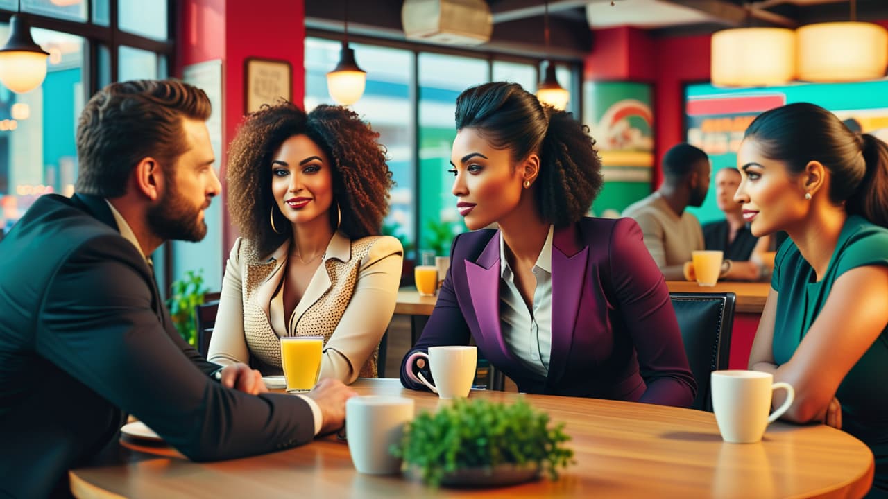  a split image featuring a diverse group of franchise owners in a bustling cafe on one side, and a corporate boardroom with executives discussing franchise agreements on the other. bright colors, dynamic expressions, and detailed surroundings. hyperrealistic, full body, detailed clothing, highly detailed, cinematic lighting, stunningly beautiful, intricate, sharp focus, f/1. 8, 85mm, (centered image composition), (professionally color graded), ((bright soft diffused light)), volumetric fog, trending on instagram, trending on tumblr, HDR 4K, 8K