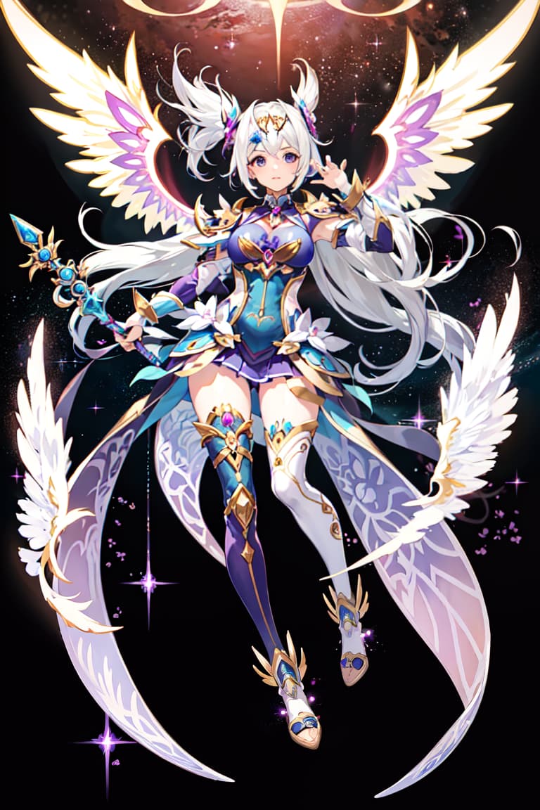  master piece , best quality,image/the character melia from the game xenoblade chronicles 3. she has long hair, and her sideburns are quite curly. the color is light purple. there are wings on both sides of her head. she is a queen, with a dignified face. her eyes are sharp. she is holding a staff in her hand. this is a full body description. there are no wings on her back. she is an adult woman.