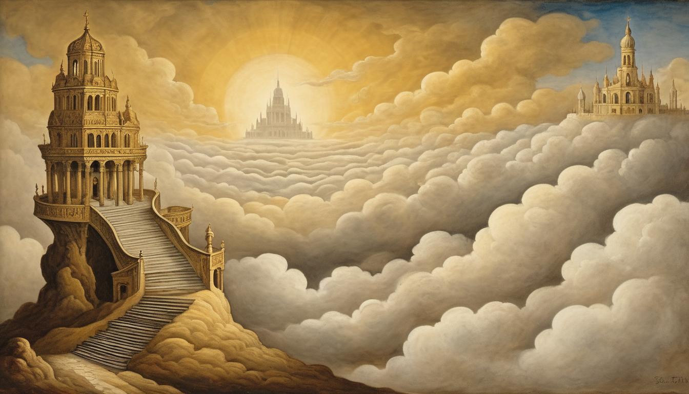  on parchment, surrealism++, a giant staircase ascending into the clouds, steps intricate and ornate, sky beyond filled with golden light, sense of elevation and grandeur(mysterious, provocative, symbolic)++