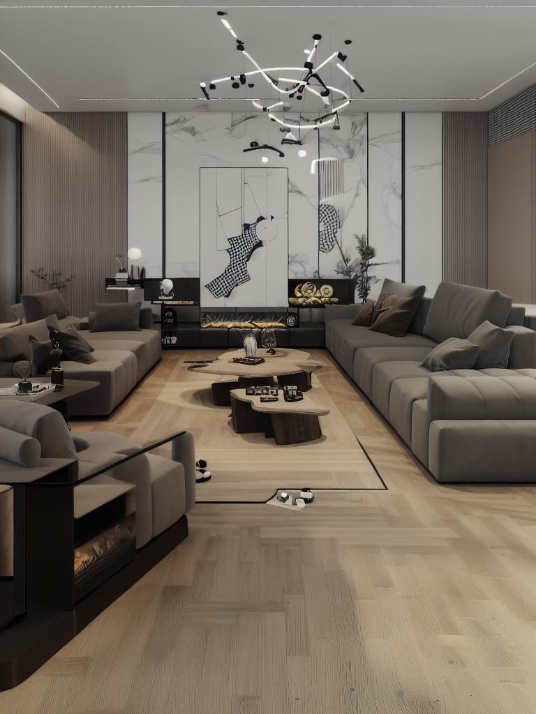  living room, modern sofa, television chessboard, wood floors