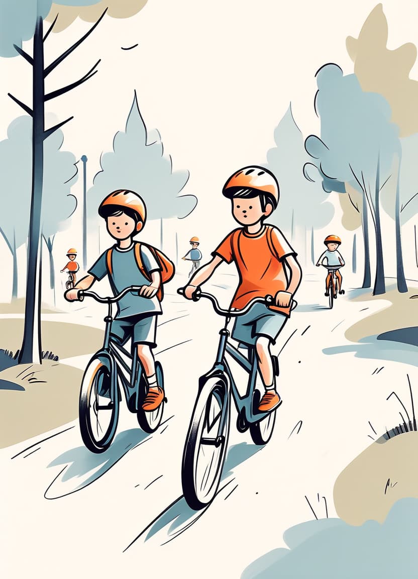  minimalist style children ride bicycles in a children's camp retro style sketch . simple, clean, uncluttered, modern, elegant