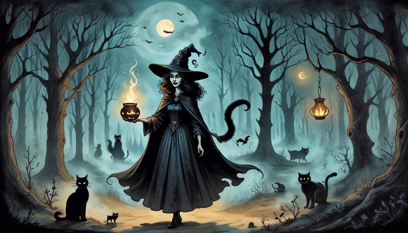  on parchment, surrealism+++, witch casting a spell in a dark forest, cauldron bubbling, black cat, moonlight casting eerie shadows(mysterious, provocative, symbolic,muted color)+++