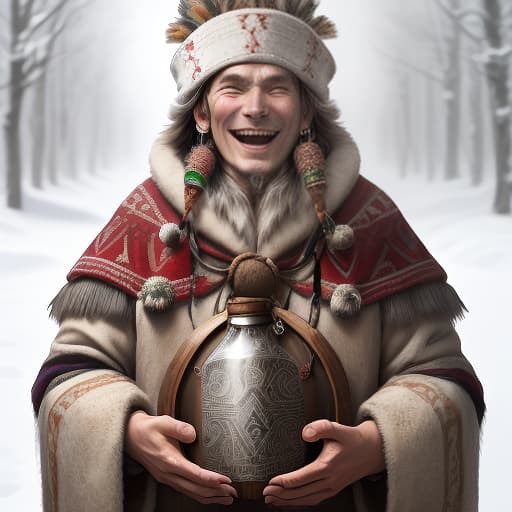  a shaman in winter clothes, from the north, sits in one hand a bottle in the other hand a large tambourine, a face of slavic appearance, laughs, laughs