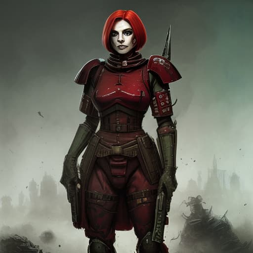  a , an imperial guard soldier from warhammer 40,000. she has short, red hair, green eyes and dirt on her face, dark , creepy , blood , monsters , by jason engle , carlos huante , charlie bowater , simon lee , brom