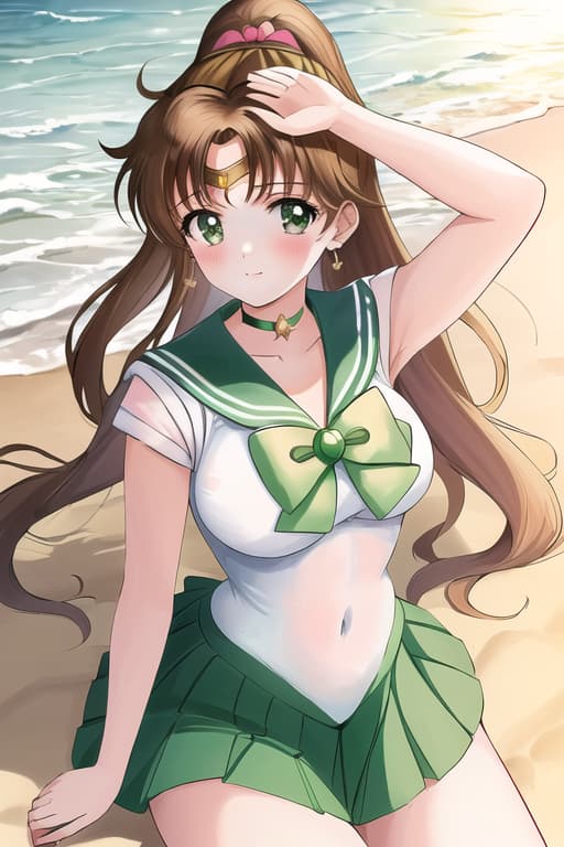  young women,laying on ground,lifting her feet,(sailor jupiter:1.3), (masterpiece), (highest quality), (intricate), (high detail),girl at beach, an extremely detailed illustration of a cute beautiful women on the sea beach, detailed water, masterpiece, best quality, high quality, solo