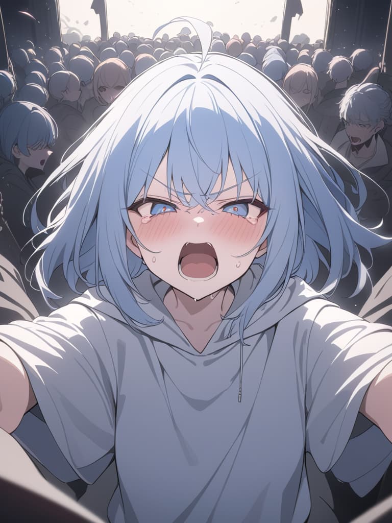  light blue hair, light blue eye, bob hair, darkness, hatred, angry crying, night, the end of the world, shouting, masterpiece, best quality,8k,ultra detailed,high resolution,an extremely delicate and beautiful,hyper detail