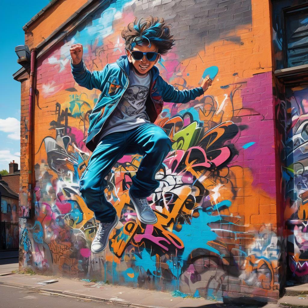  graffiti style lad jumps and jumps . street art, vibrant, urban, detailed, tag, mural