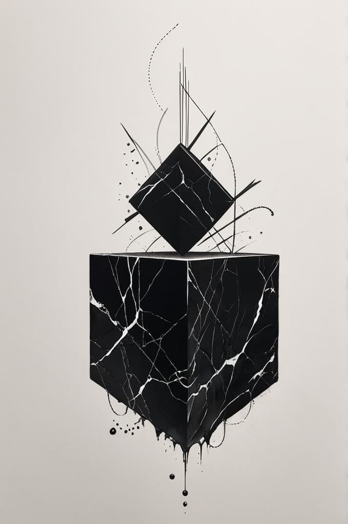  abstract cube sculpture made of black marble on a white marble top, (tattoo sketch:1.25), drawing