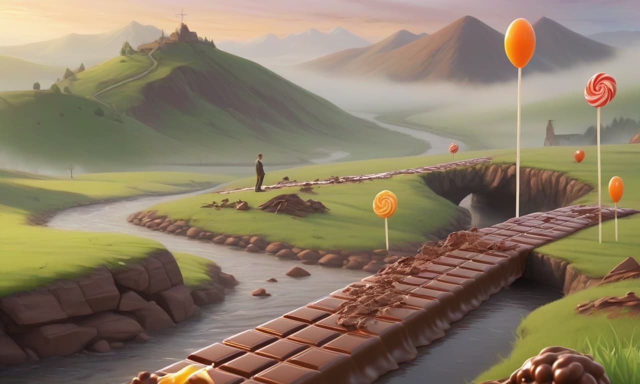  a landscape with a river going into the distance, in the distance mountains are lost in the fog, sunrise, stand at different points of the man in the same clothes work with chocolate, look to the future, in the foreground a river of molten chocolate, a bridge of realistic chocolate bars, green hills on the sides with giant bright lolly pops,