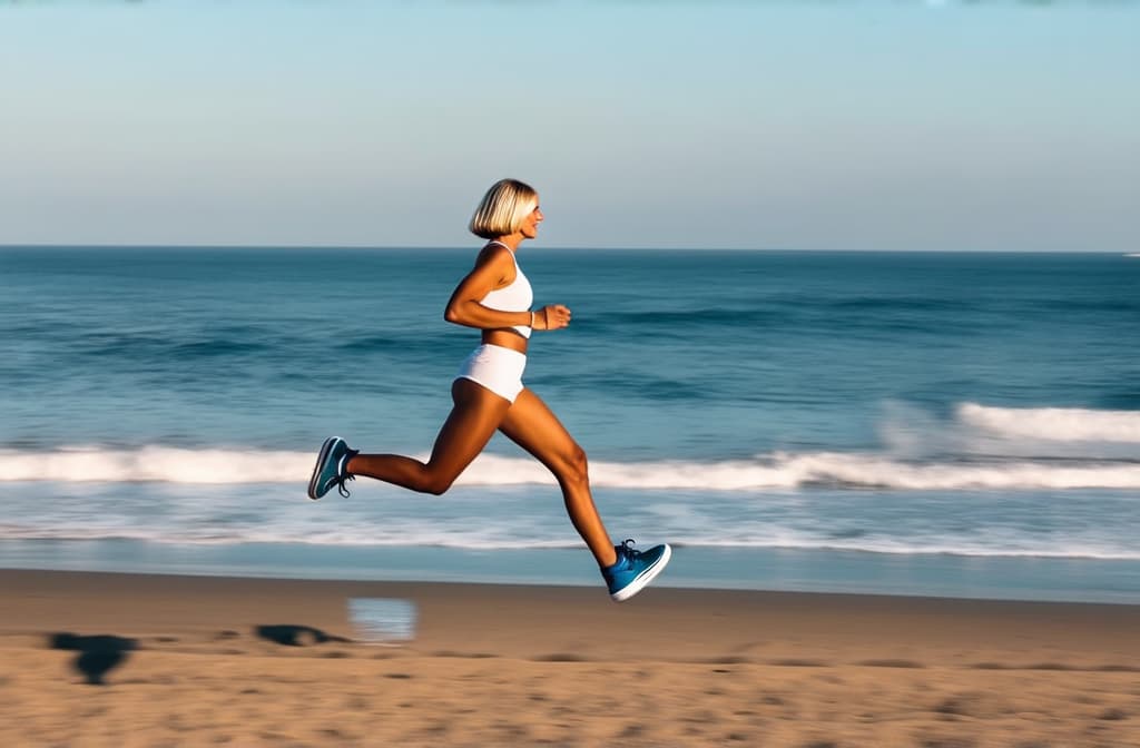  a fair skinned woman with blonde bob hair runs along the sea in barcelona in the morning at dawn on a deserted beach in blue sneakers ar 3:2 {prompt}, maximum details