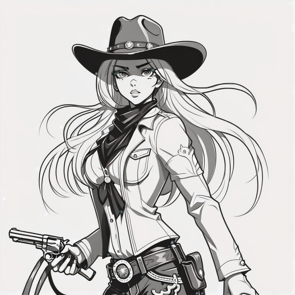  line art drawing wild west cowboy girl, same nightmare. anime style . professional, sleek, modern, minimalist, graphic, line art, vector graphics