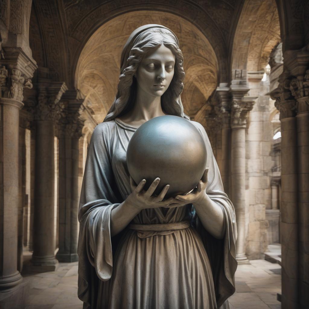  statue of a woman with a sphere in her hands in the middle of a medieval temple