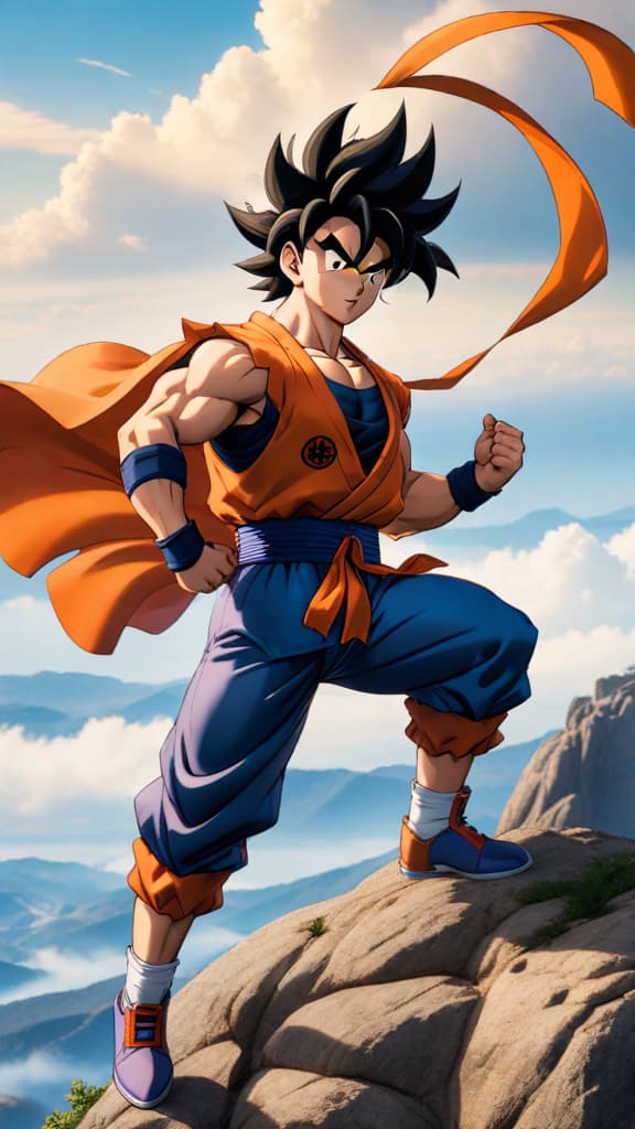  anime art of yamcha from dragon ball standing on a windy cliff, hair blowing, staring at the horizon hyperrealistic, full body, detailed clothing, highly detailed, cinematic lighting, stunningly beautiful, intricate, sharp focus, f/1. 8, 85mm, (centered image composition), (professionally color graded), ((bright soft diffused light)), volumetric fog, trending on instagram, trending on tumblr, HDR 4K, 8K