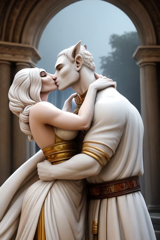  a Roman marble statue portraying a man and a woman kissing and embracing. the man is muscular. they are made of white marble hyperrealistic, full body, detailed clothing, highly detailed, cinematic lighting, stunningly beautiful, intricate, sharp focus, f/1. 8, 85mm, (centered image composition), (professionally color graded), ((bright soft diffused light)), volumetric fog, trending on instagram, trending on tumblr, HDR 4K, 8K