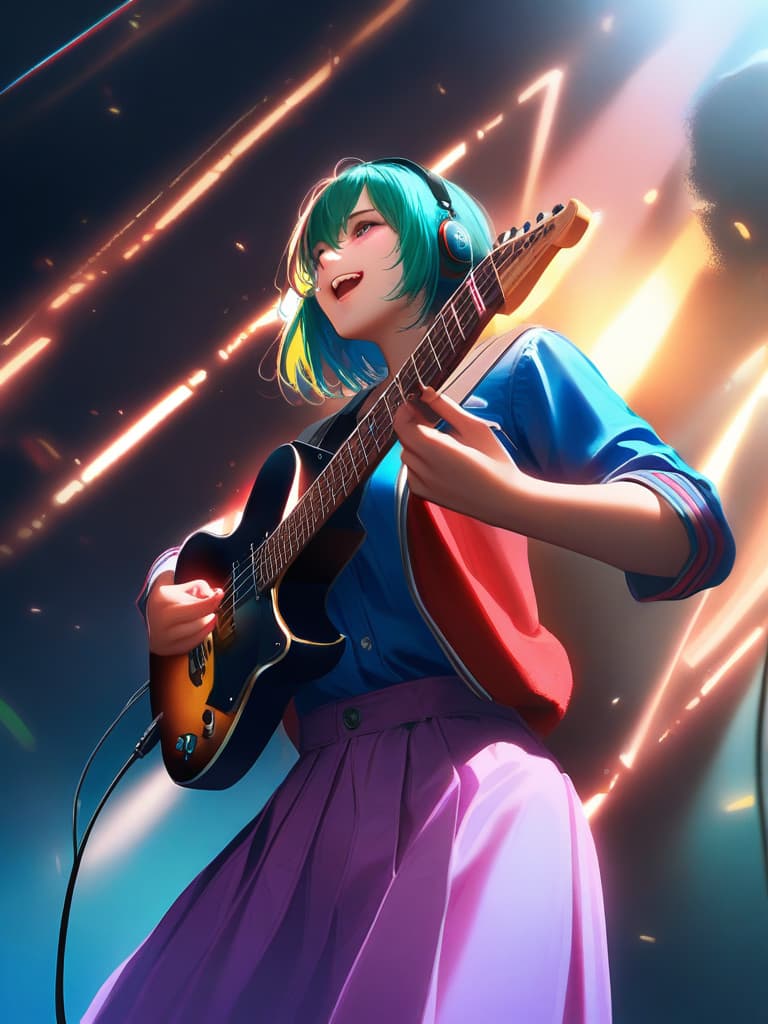  1girl,18yo,(((high school girl))),(((playing with an electric guitar:1.35))),green hair,short hair,purple eyes,headphone,very loud laugh,(((happy pose))),(((metallic focus))),music note effect,realistic