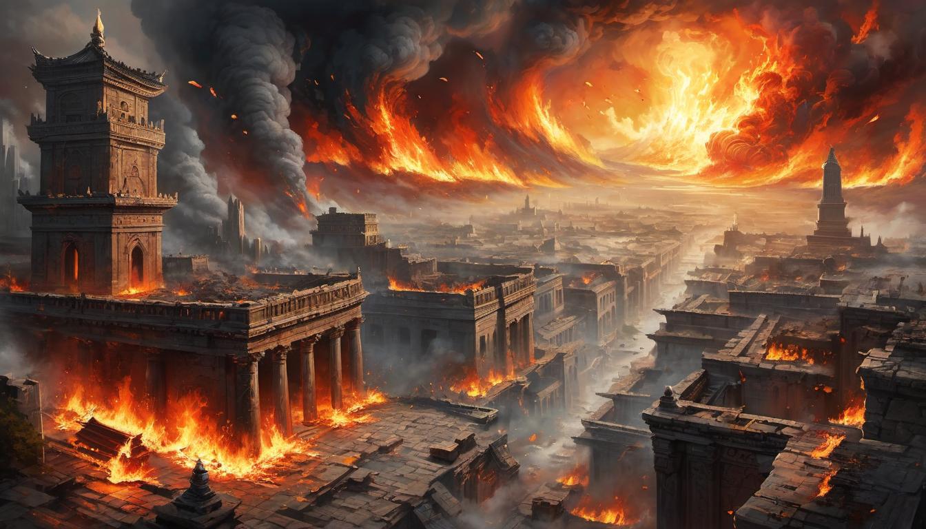  digital painting of an ancient scroll unrolled, inscribed with cryptic prophecies, surrounded by images of a falling city, flames and destruction, narrative tapestry, severe, foreboding. looking at viewer, dynamic pose, (intricate details, masterpiece, best quality)