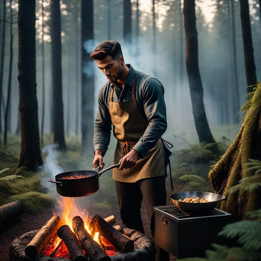  a young man cooking in the forest. hyperrealistic, full body, detailed clothing, highly detailed, cinematic lighting, stunningly beautiful, intricate, sharp focus, f/1. 8, 85mm, (centered image composition), (professionally color graded), ((bright soft diffused light)), volumetric fog, trending on instagram, trending on tumblr, HDR 4K, 8K