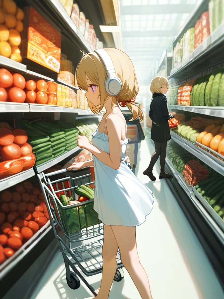  with tomatoes, blonde ponytails, white headphones, snakes on the legs, whole body, walking figure, girls on their arms, girls wearing white dresses, shopping carts, pressing shopping carts, gestures, shopping carts. contains eggplant and celery, small wings on the back, masterpiece, best quality,8k,ultra detailed,high resolution,an extremely delicate and beautiful,hyper detail