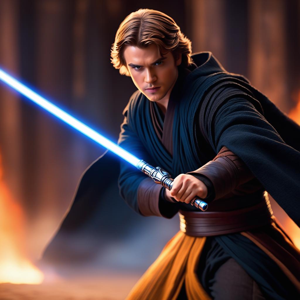  in style of pixelated dark fantasy: anakin sky walker on mustafar holding blue glowing lightsaber as he duels with obi wan,, cinematic film style, shallow depth of field, vignette, highly detailed, high budget, bokeh, cinemascope, moody, epic, gorgeous, film grain, grainy