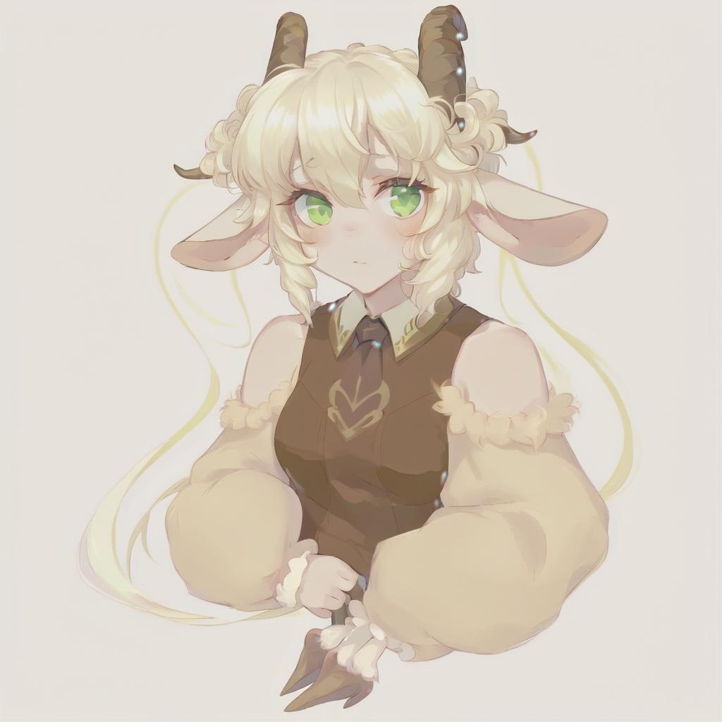  anime artwork anthropomorphic goat, blonde, long hair, curls, bangs, dressed in fairy core style, green eyes. a picture is an avatar for vitubing, neutral color background . anime style, key visual, vibrant, studio anime, highly detailed