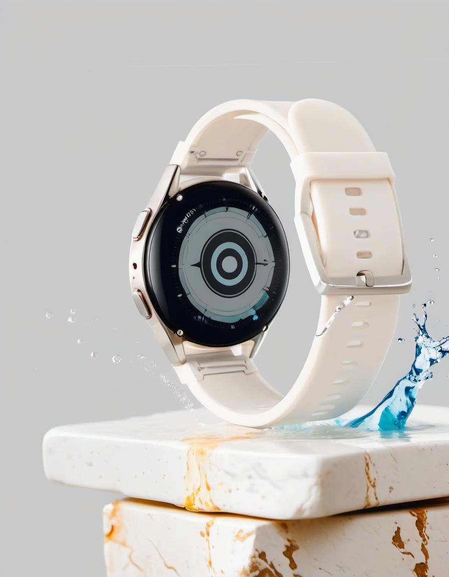  smart watch on white stone, in the background splashing water, light background, film photography style