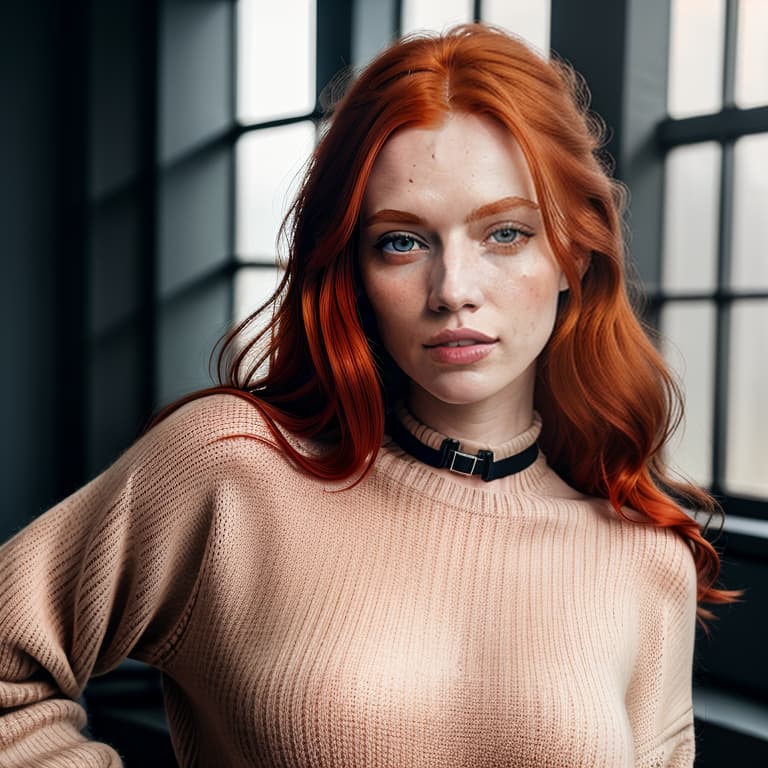  raw photo, (18yo redhead girl:1.2), makeup, graphic eyeliner, rouge, (choker:0.9), realistic skin texture, oversize knit sweater, (red:0.8), softcore, warm lighting, cosy atmosphere, instagram style, high quality dslr snapshot, high definition film grain photo taken at f/16, iso 100, with a 200mm lens, global illumination, fibonacci hyperrealistic, full body, detailed clothing, highly detailed, cinematic lighting, stunningly beautiful, intricate, sharp focus, f/1. 8, 85mm, (centered image composition), (professionally color graded), ((bright soft diffused light)), volumetric fog, trending on instagram, trending on tumblr, HDR 4K, 8K