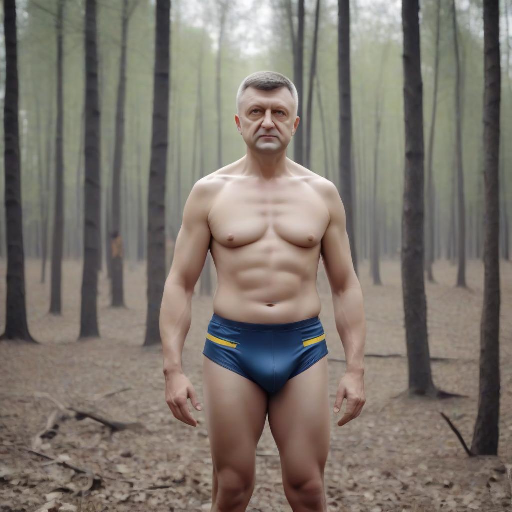  cinematic photo the president of ukraine in his pants against the background of the forest . 35mm photograph, film, bokeh, professional, 4k, highly detailed